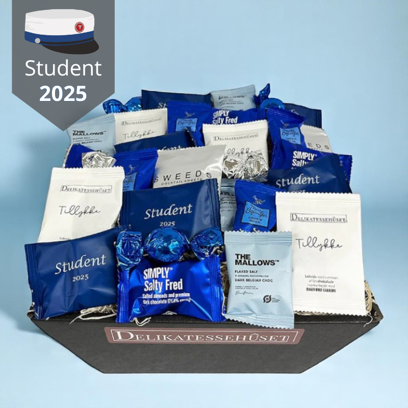 Gavekurv med danske lækkerier til den blå student