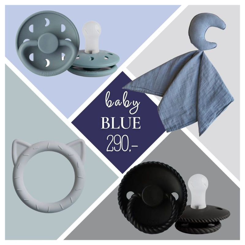 Barselsgave. Giv en lækker babypakke i blå til den nyfødte. Indeholder sutter, bidering og nusseklud.