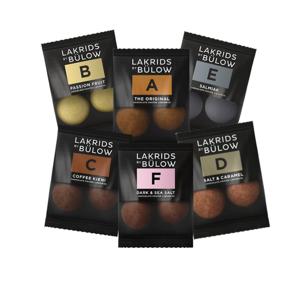 Flowpacks fra Lakrids by Bülow. 6 forskellige flowpacks