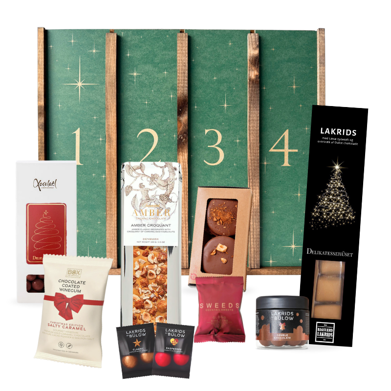 Adventskalender med danske gourmet lækkerier fra bl.a. Summerbird, Lakrids by Bülow, Bagsværd Lakrids, Xocolatl, Anker Chokolade og Box the Original