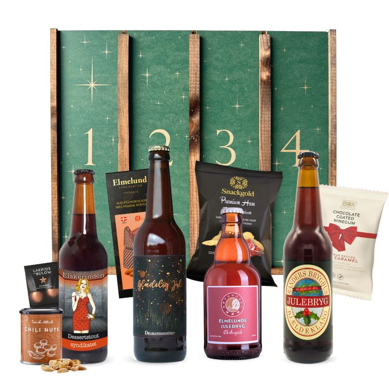 Eksklusiv adventskalender fra Delikatessehuset med fire spændende danske juleøl og snacks. Perfekt til øl-elskere og julehygge.