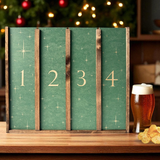 Adventskalender med fire spændende danske juleøl og snacks. Perfekt til øl-elskere og julehygge.