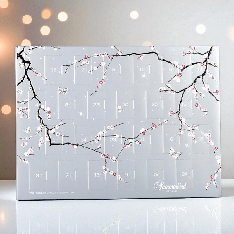 Summerbird julekalender 24 låger, 2 chokolader pr. låge, økologisk mørk og Amber chokolade, 495 g.