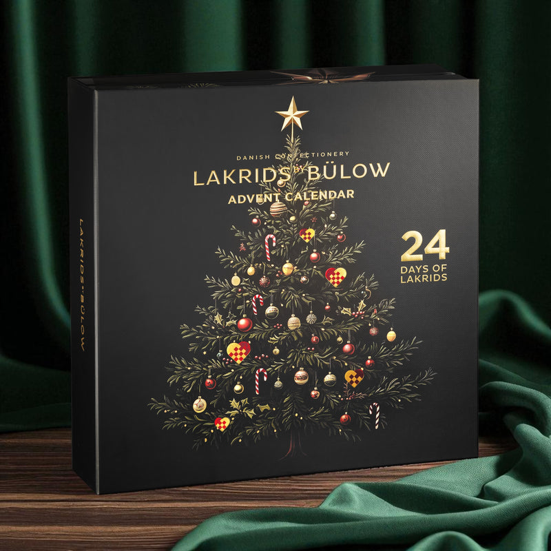 Johan Bülow lakridsjulekalender med 24 låger, fyldt med dansk gourmetlakrids, chokoladeovertrukne lakridskugler og Limited Editions.	