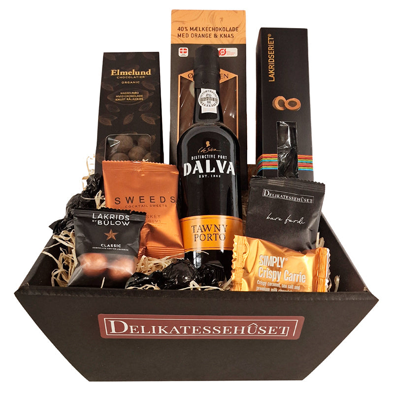 Lækker luksus julekurv med portvin, chokolade og lakrids