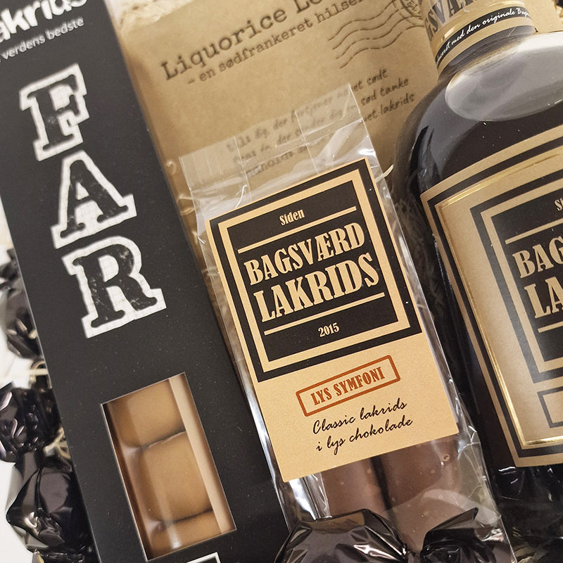 Gavekurv med Bagsværd Lakrids til Fars dag. Forkæl din far med Danmarks (nok) bedste lakrids.