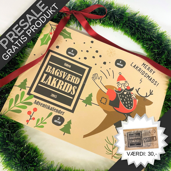 Bagsværd Lakrids julekalender med 24 låger fyldt med forskellig lakrids. Ekstra lakridsprodukter medfølger gratis (værdi op til 85 kr.).	