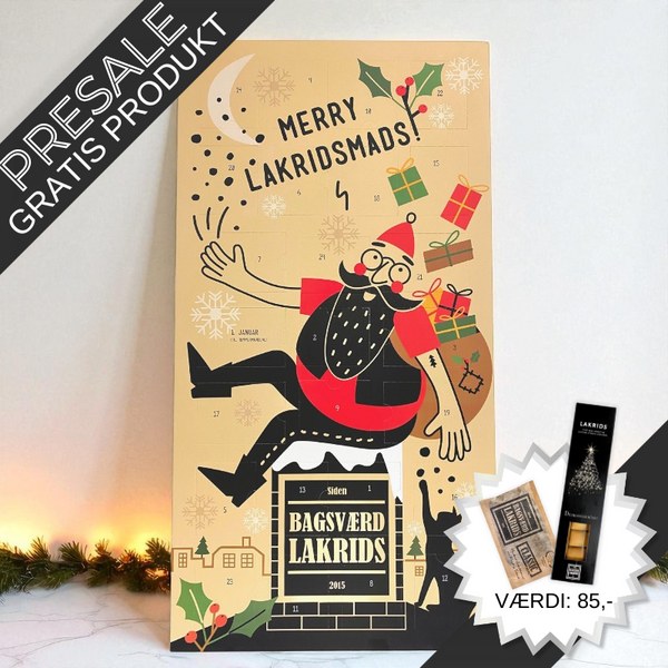Julekalender med fyldt med bagsværd lakrids. Ekstra lakridsprodukter medfølger gratis (værdi op til 85 kr.).	