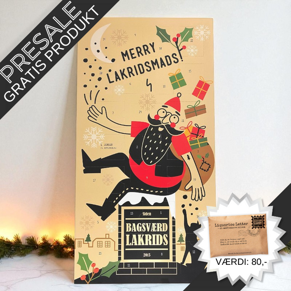 Bagsværd Lakrids julekalender med 24 låger fyldt med forskellig lakrids. Ekstra lakridsprodukter medfølger gratis (værdi op til 85 kr.).	