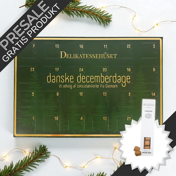Danske Decemberdage’ julekalender med 24 låger fyldt med chokolade, lakrids, karameller, skumfiduser og vingummi – et udvalg af det bedste fra danske leverandører.	