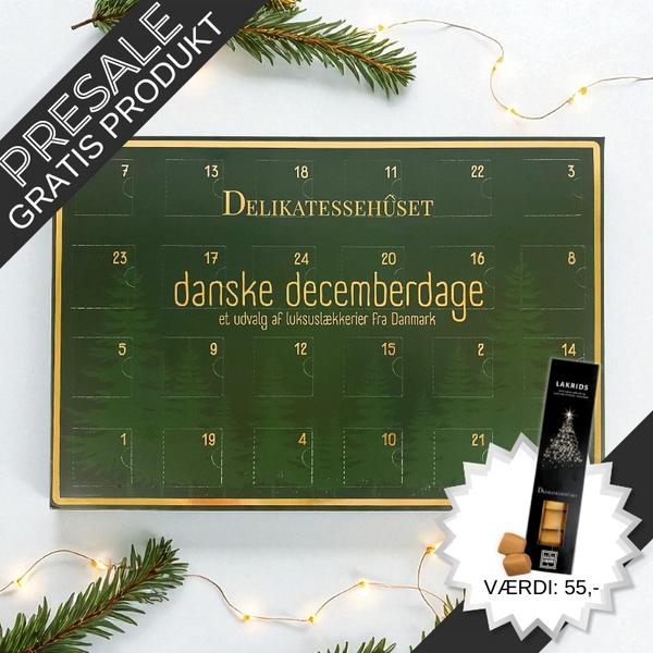 Danske Decemberdage’ julekalender med 24 låger fyldt med chokolade, lakrids, karameller, skumfiduser og vingummi – et udvalg af det bedste fra danske leverandører.	