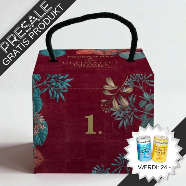 Fever-Tree adventskalender – kvadratisk drink-kalender med 4 låger, hver med 5 cl spiritus og 15 cl Fever-Tree mixer til lækre cocktails.	