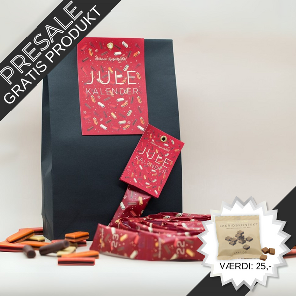 Dansk julekalender med håndlavet lakridskonfekt fra Hattesens Konfektfabrik – rød pose med 2,5 meter lang guirlande fyldt med konfekt i smagene jordbær, blodappelsin, ingefær, lakrids og chokolade. Nr: 2 Håndlavet lakridskonfekt fra Ærø i en julekalender – enkel rød pose med guirlande af farverigt konfekt i fem forskellige smagsvarianter.	