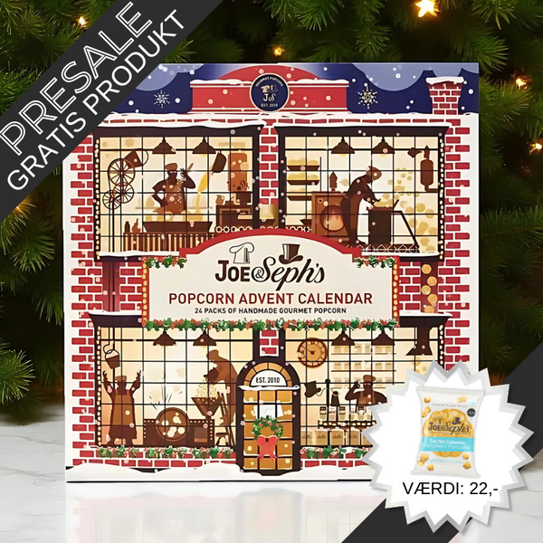 Gourmet popcorn julekalender – eventyrlig julebog med 24 låger, der gemmer 19 unikke smagsvarianter, inkl. klassikere, julesmage og limited editions.	