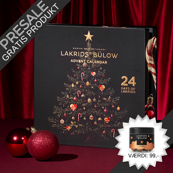 Lakrids by Johan Bülow lakridsjulekalender med 24 låger, fyldt med dansk gourmetlakrids, chokoladeovertrukne lakridskugler og Limited Editions.	