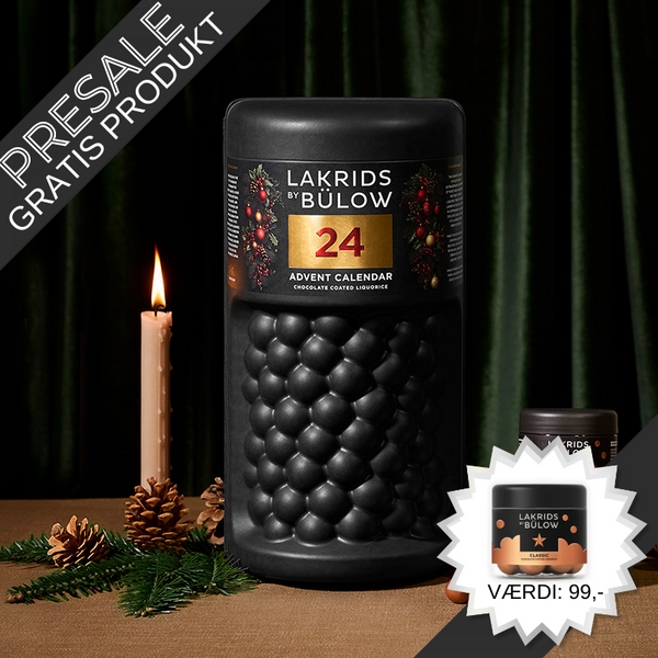 Lakrids by Bülow familiejulekalender med 24 låger i form af en stor rund bøtte, fyldt med gourmetlakrids til 4 personer.	