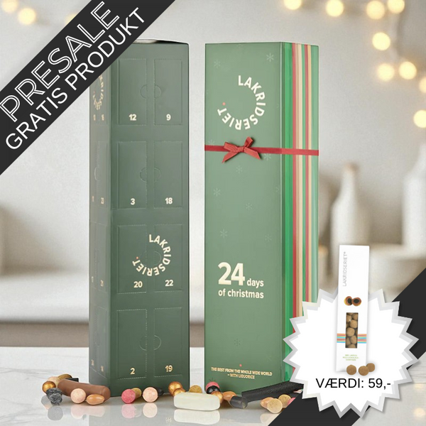 Eksklusiv julekalender fra Lakridseriet – stor kalender fyldt med forskellige lakridser, lakridsmandler og lakridsdragéer til juledagene.	