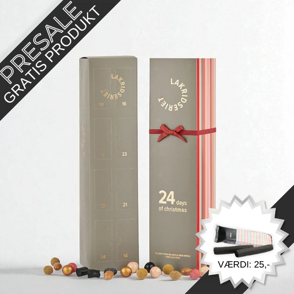 Luksuriøs lakrids-julekalender fra Lakridseriet med 24 dage fyldt med håndplukkede lakridsspecialiteter – fra salte klassikere til chokoladeovertrukne dragéer. Perfekt til 1–2 personer som en delevenlig gourmetoplevelse.
