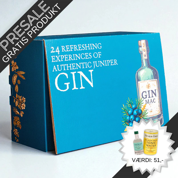 MacY julekalender med 24 låger – daglige 2 cl gin-smagsprøver fra forskellige producenter og QR-kode med information og videoer om hver gin	