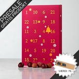 Julekalender med 24 romkugler – chokoladeovertrukne trøffelkugler med flydende karamel og 12 forskellige smagsvarianter.