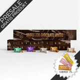Julekalender med 30 låger fra Simply Chocolate – fyldt med 10 forskellige smagsvarianter af premium chokolade, inkl. karamelcrunch, saltede mandler, persisk lakrids, marcipan, peanuts, mint og cookie dough.	