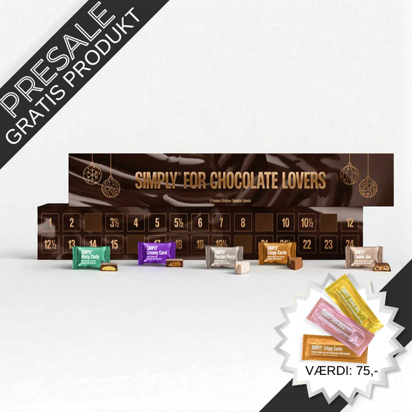 Julekalender med 30 låger fra Simply Chocolate – fyldt med 10 forskellige smagsvarianter af premium chokolade, inkl. karamelcrunch, saltede mandler, persisk lakrids, marcipan, peanuts, mint og cookie dough.	