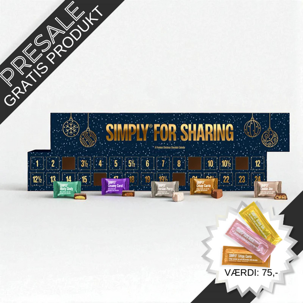 Simply Chocolate julekalender med 30 låger og over 75 cm længde – fyldt med 10 forskellige smagsvarianter af premium chokolade, inkl. karamelcrunch, saltede mandler, persisk lakrids, marcipan, peanuts, mint og cookie dough, perfekt til at dele.	