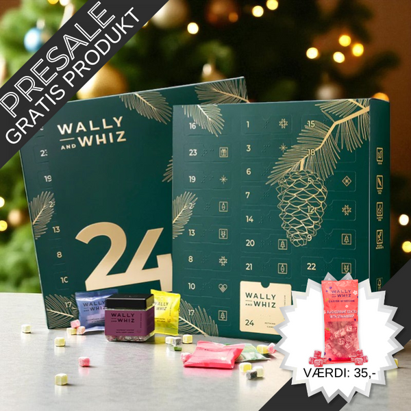 Wally & Whiz julekalender med 24 låger, fyldt med danske gourmet frugtvingummier og en full-size bøtte bag låge 24.	