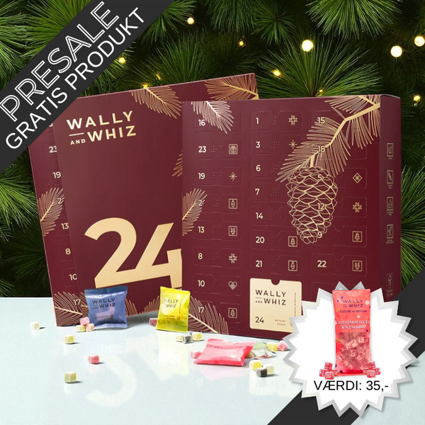 Wally & Whiz julekalender med 24 låger fyldt med små poser af danske gourmet frugtvingummier, inkl. klassikere og julesmage.	