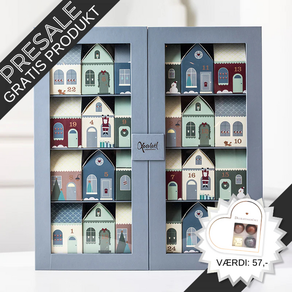 Xocolatl familiejulekalender – elegant display med 24 små julehuse fyldt med chokolader, karameller, vingummi, lakrids og andre søde overraskelser.	