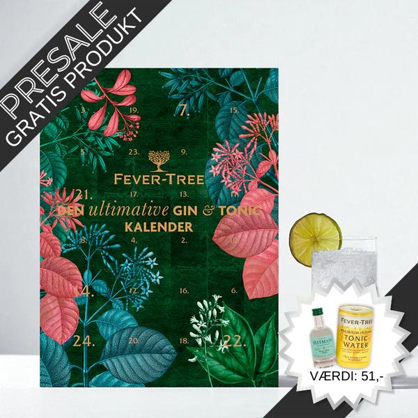 Gin & Tonic julekalender med 24 låger – indeholder 5 cl gin eller 15 cl Fever-Tree tonic hver dag, nok til 12 perfekte gin & tonics fra december til juleaften.	