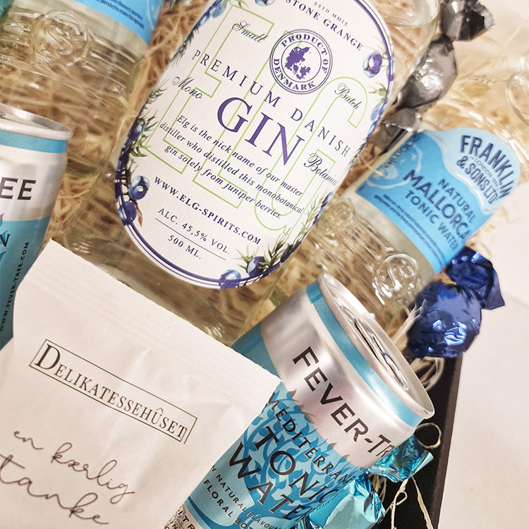 Gavekurv med dansk gin fra Elg Spirits - Mono Botanical med 2 slags tonic