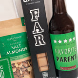 Gavepose til fars dag med en dansk specialøl med en sjov etiket, en gaveæske med lakrids fra Bagsværd Lakrids og saltede mandler