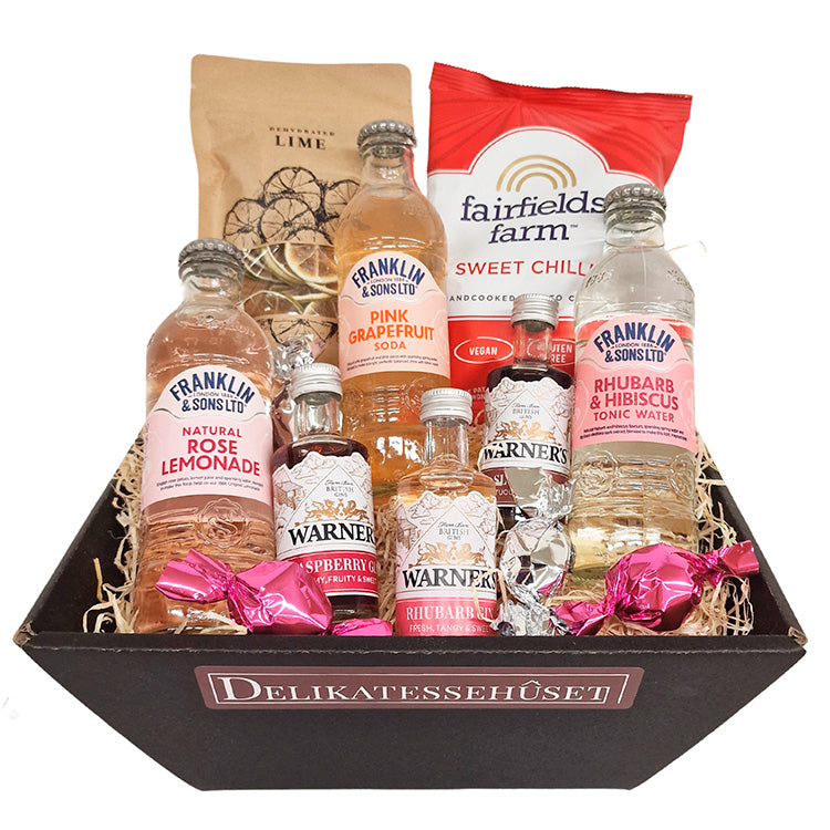 Gavekurv med gin og tonic Mix 'n' match, hvor modtageren selv kan  mixe på kryds og tværs og fremtrylle velsmagende gin-drinks