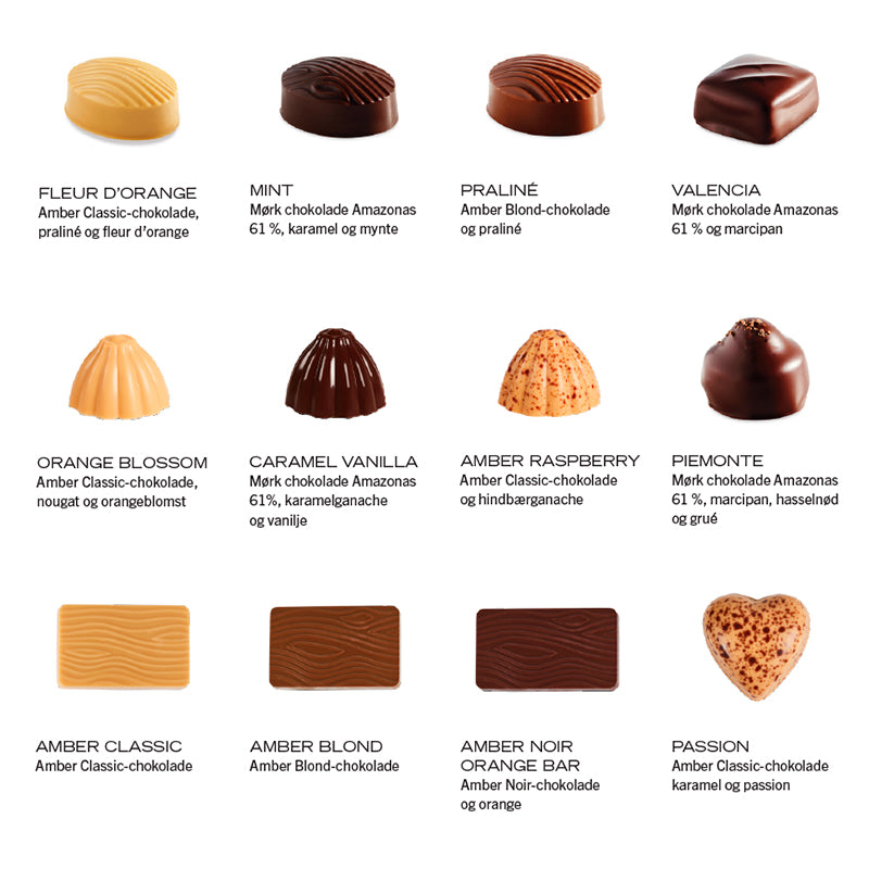 Summerbird julekalender med økologisk mørk- og Amber chokolade, fyldte stykker og klassiske varianter.