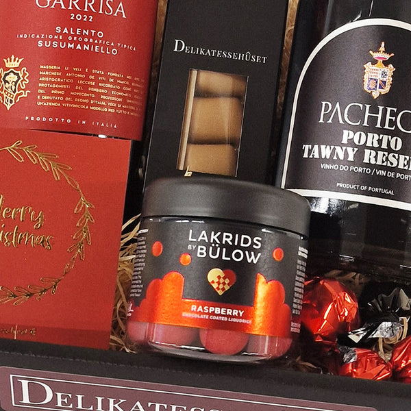 Gavekurv - med reserva portvin, rødvin og dansk lakrids