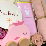 Velkommen til verden gavekurv med babylegetøj, sut, stofble og chokolade – perfekt barselsgave til pige