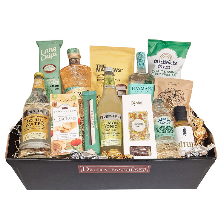 Sommer gavekurv med gin og tonic og snacks