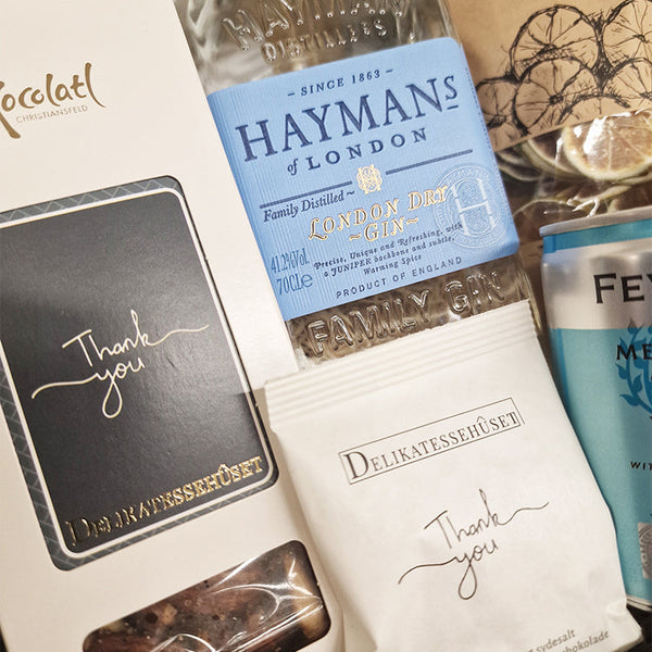 Gavekurv 'Thank you' med London Dry Gin, tonic og snacks