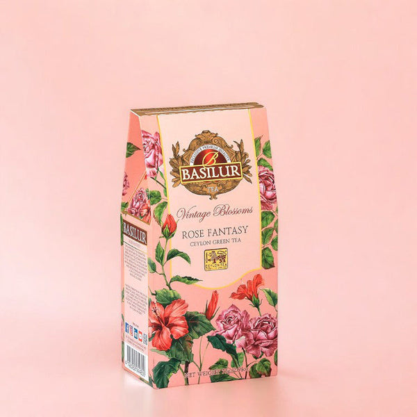 Denne blomstrede æske er en del af vores 'Vintage Blossoms'-serie af kvalitets te fra Sri Lanka, og denne variant indeholder en te bestående af Young Hyson grøn te med en magisk kombination af rose og hibiscus blomster.