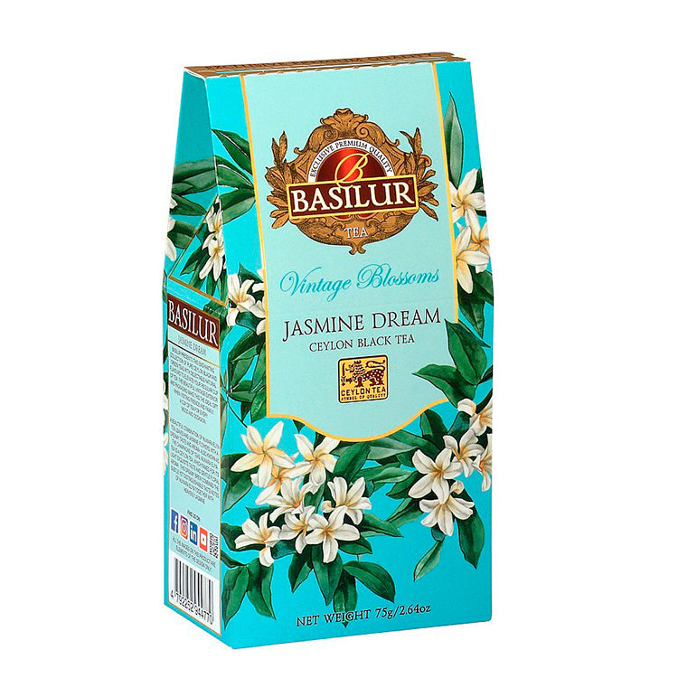 Denne blomstrede æske er en del af vores 'Vintage Blossoms'- serie af kvalitetste fra Sri Lanka, og denne variant indeholder en sort te fra den berømte Nuwara Eliya plantage, som er tilsat jasminblomst og kornblomst.