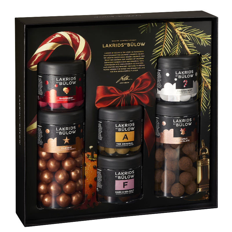 Lakrids by Bülow juleæske med Classic, Raspberry, Dark & Sea Salt, The Original, Double Chocolate og Frozen Mint – luksuriøs lakrids julegave