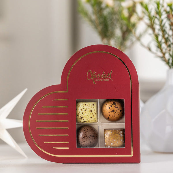 Julehjerte gaveæske med 4 chokolader, rød - Xocolatl