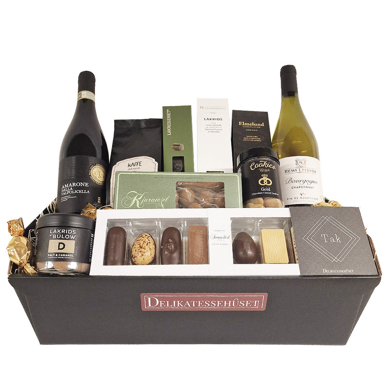 Kæmpe 'tak' gavekurv med 1.klasses vin og chokolade