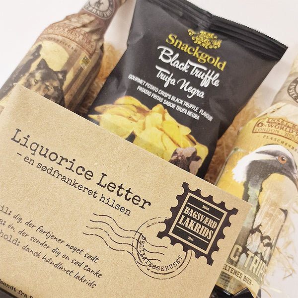 Gavekurv - en rustik kurv med øl, chips og lakrids