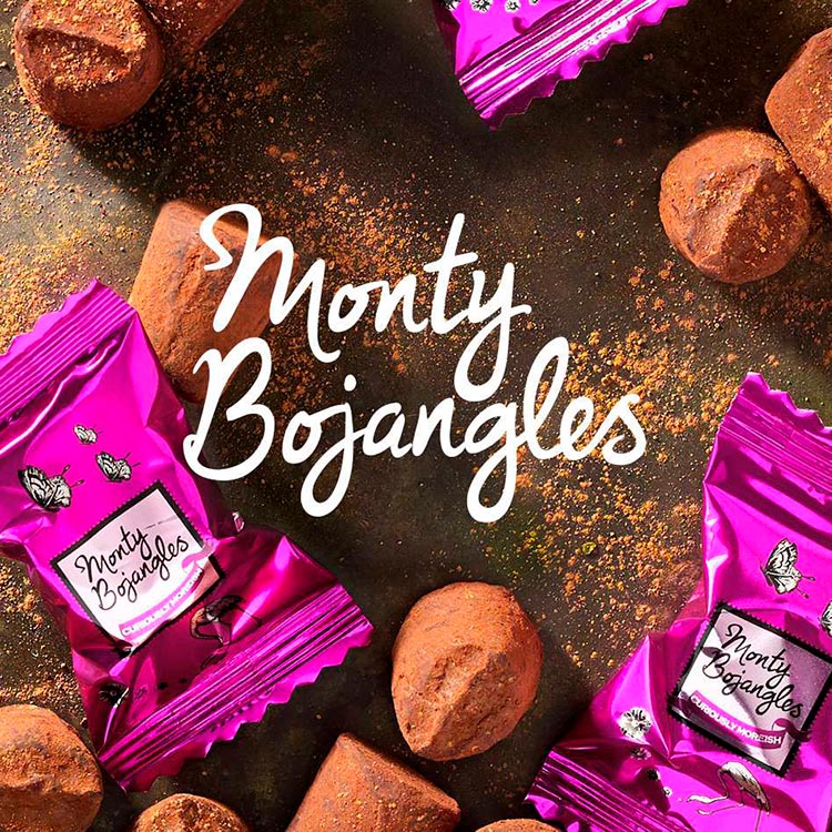 Julekalender med bløde, franske chokoladetrøfler fra Monty Bojangles. Bestil online hos Delikatessehuset.