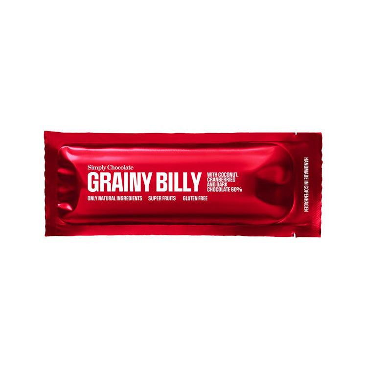 Grainy Billy er en af de smagsoplevelser man ikke lige møder hver dag! Under overfladen gemmer der sig nemlig et cremet center af kokos og tranebær svøbt i hvid chokolade.