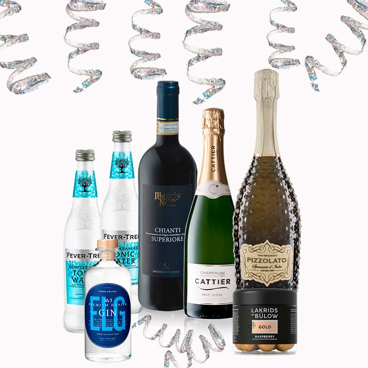 Den store deluxe nytårsspakke, med udsøgte drikkevarer til dig og dem, du skal fejre nytåret med. Rødvin, mousserende spumante, champagne, gin og tonic. Alt du skal bruge til en festlig aften