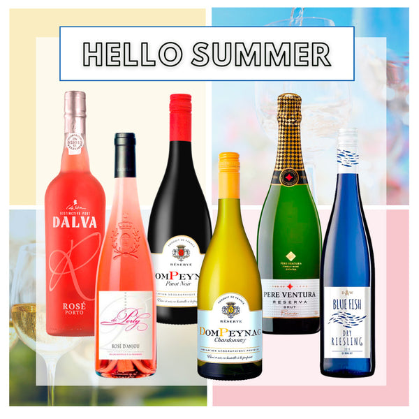 Vin smagekasse 'hello summer'. En lækker smagekasse med både hvid-, rød-, og rosévin. Her er også bobler og dalva rosé portvin. 