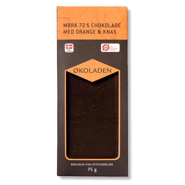 Økologisk mørk chokoladeplade med orange og knas